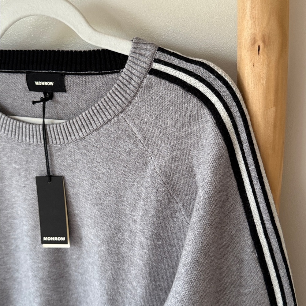 NEW Monrow Set Soft Knit Cozy Gray Luxury Lounge Jogger Sweater Sporty Stripe L - Picture 9 of 16